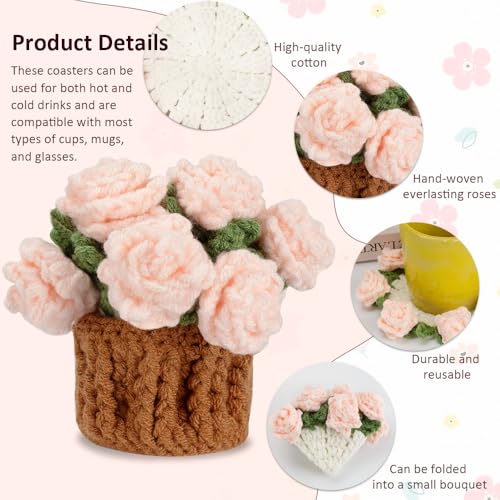 Handmade Crochet Pink Rose Coasters - Decorative Flower Design