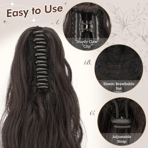 FESHFEN 20-Inch Wavy Claw Clip-in Ponytail Extension - Dark Brown