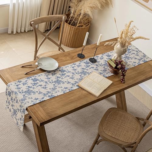 14x90 Inch Dark Blue Floral Table Runner - Washable & Wrinkle Resistant