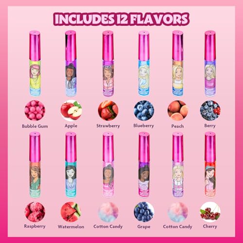 Barbie Lip Gloss Set - 12-Piece Plant-Based Makeup for Girls