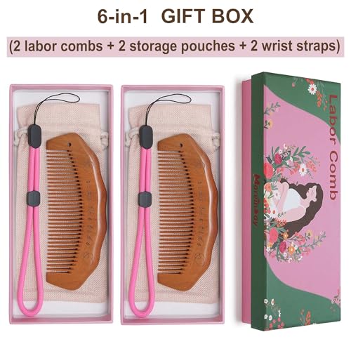 Medium Wooden Labor Comb with Adjustable Wrist Strap - Pain Relief & Hair Care (2 Pack)