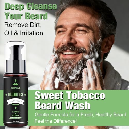 FULLLIGHT TECH Beard Kit with 3 Scented Oils, Sweet Tobacco Wash & Balm - Bay Rum, Coffee, Sweet Tobacco, 5 Fl Oz