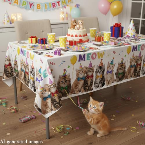 Cat Birthday Tablecloth Set - 2 Disposable Covers for Kids' Parties