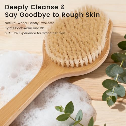 VWMYQ Bamboo Back Scrubber for Shower - 17in Curved Handle, Natural Boar Bristles, Anti-Slip Grip