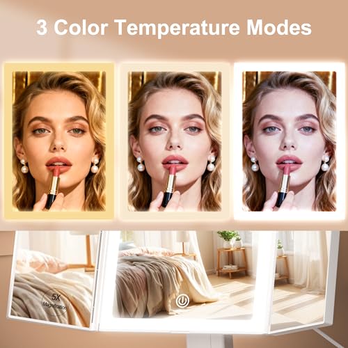 S'bagno White 11.3" x 6.8" LED Makeup Mirror with Lights, 1X/2X/5X Magnification, Dimmable 3-Color Modes, 270° Rotation
