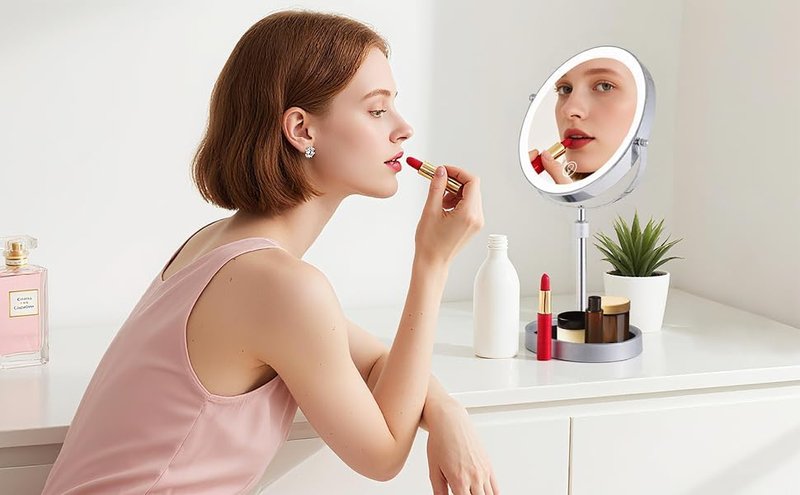 Adjustable-Height Rechargeable Makeup Mirror - 3 Color Lights, Touch Screen, 8'' Dual-Sided 1X/10X | 360° Rotation with Jewelry Tray