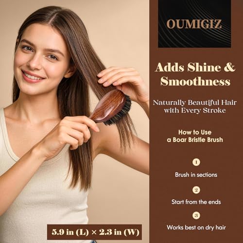 Oumigiz Small Boar Bristle Hair Brush - Handmade Wooden Travel Hairbrush
