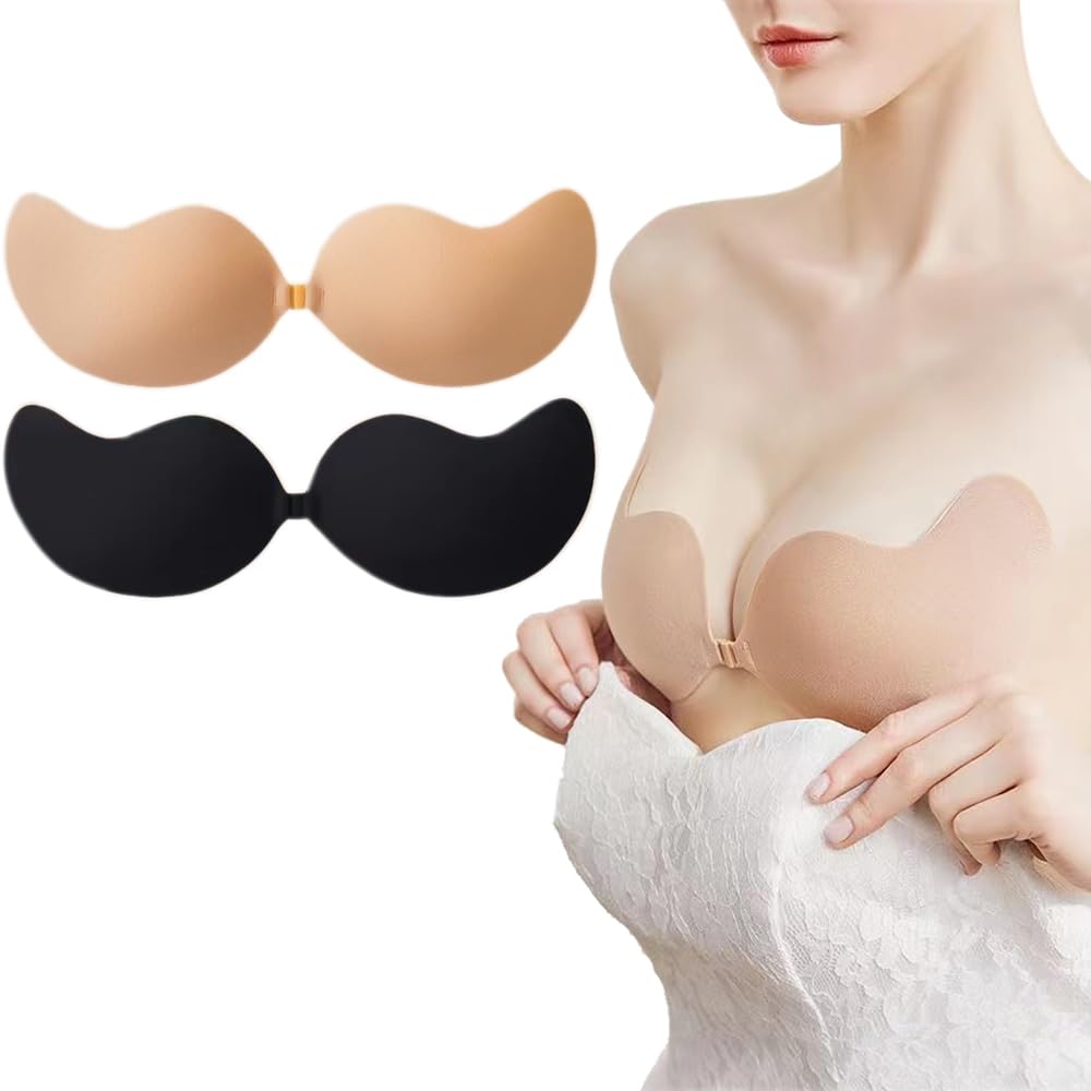 Sticky Bra, Backless Strapless Bra Push Up, Adhesive Invisible Lift Up Bras 2 Pairs,Skin&Black Color