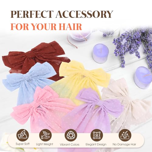 Loqpol 6 pcs Oversized Chiffon Hair Bows with Alligator Clips - Red Lavender Pink Yellow Blue White
