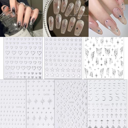 7 Sheets Metallic Silver Nail Stickers – 3D Star & Butterfly Designs