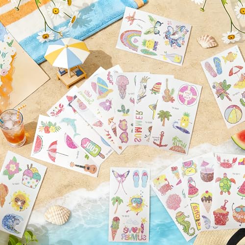 120 Glitter Summer Temporary Tattoos for Kids - Pool Party Favors