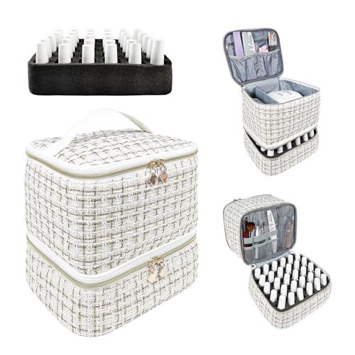 JEWHITENY White Nail Polish Organizer Bag for 30 Bottles & Lamp