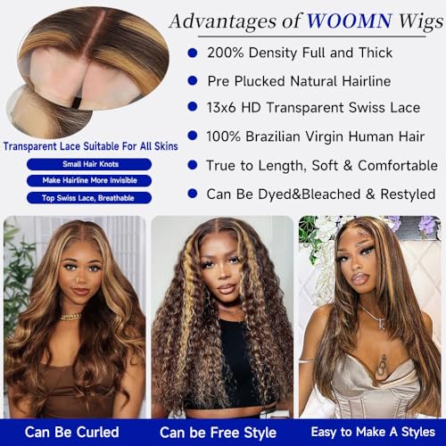 Highlight Ombre Lace Front Wig Human Hair 13x6 HD Lace Frontal Real Virgin Human Hair Wig 4/27 Colored Honey Blonde Straight Wigs Human Hair Pre Plucked Tangle-Free 200 Density 26 Inch