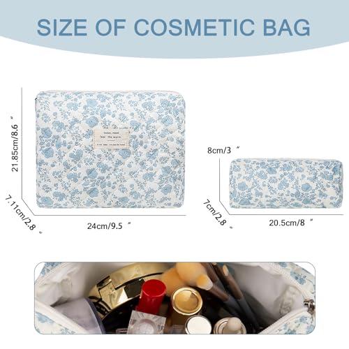 Gosect 2PC Blue Floral Makeup Bag Set for Women Girls Travel Cosmetic Organizer