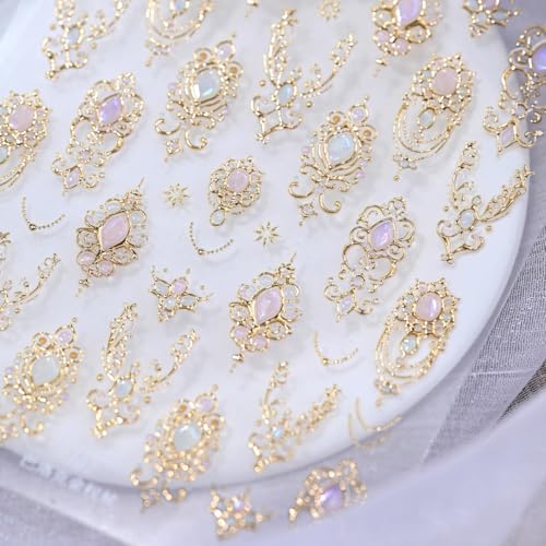HPYFOI Style-10 Gold Nail Stickers with Gemstone & Filigree Design, Self-Adhesive 3D Nail Art Decals for Women & Girls