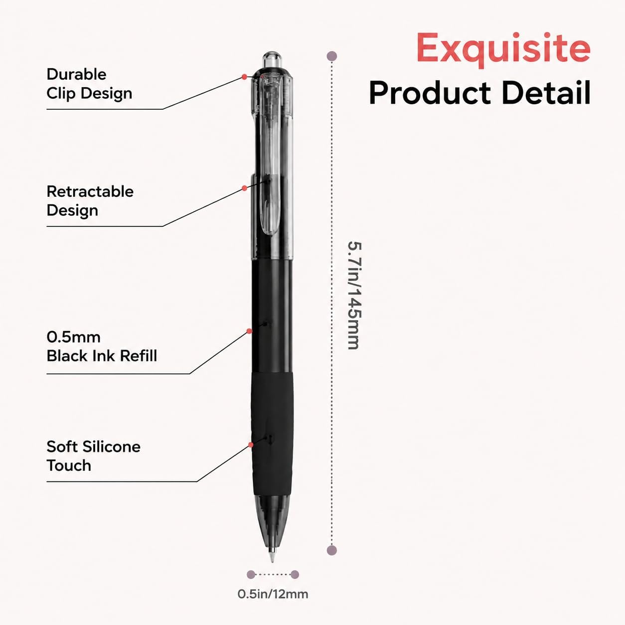 Black Gel Pens - 0.5mm Retractable Medium Point | Smooth Writing, Quick Drying, 5 Pack for Office & School