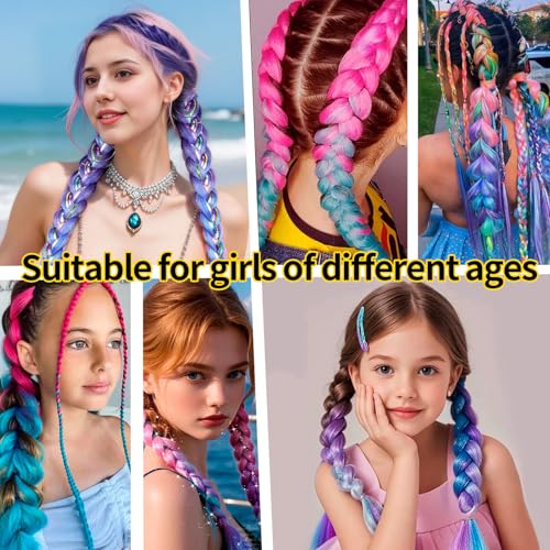 26 Inch Braided Ponytail Extensions - Green/Purple/Blue Synthetic Hair (2 Pack)