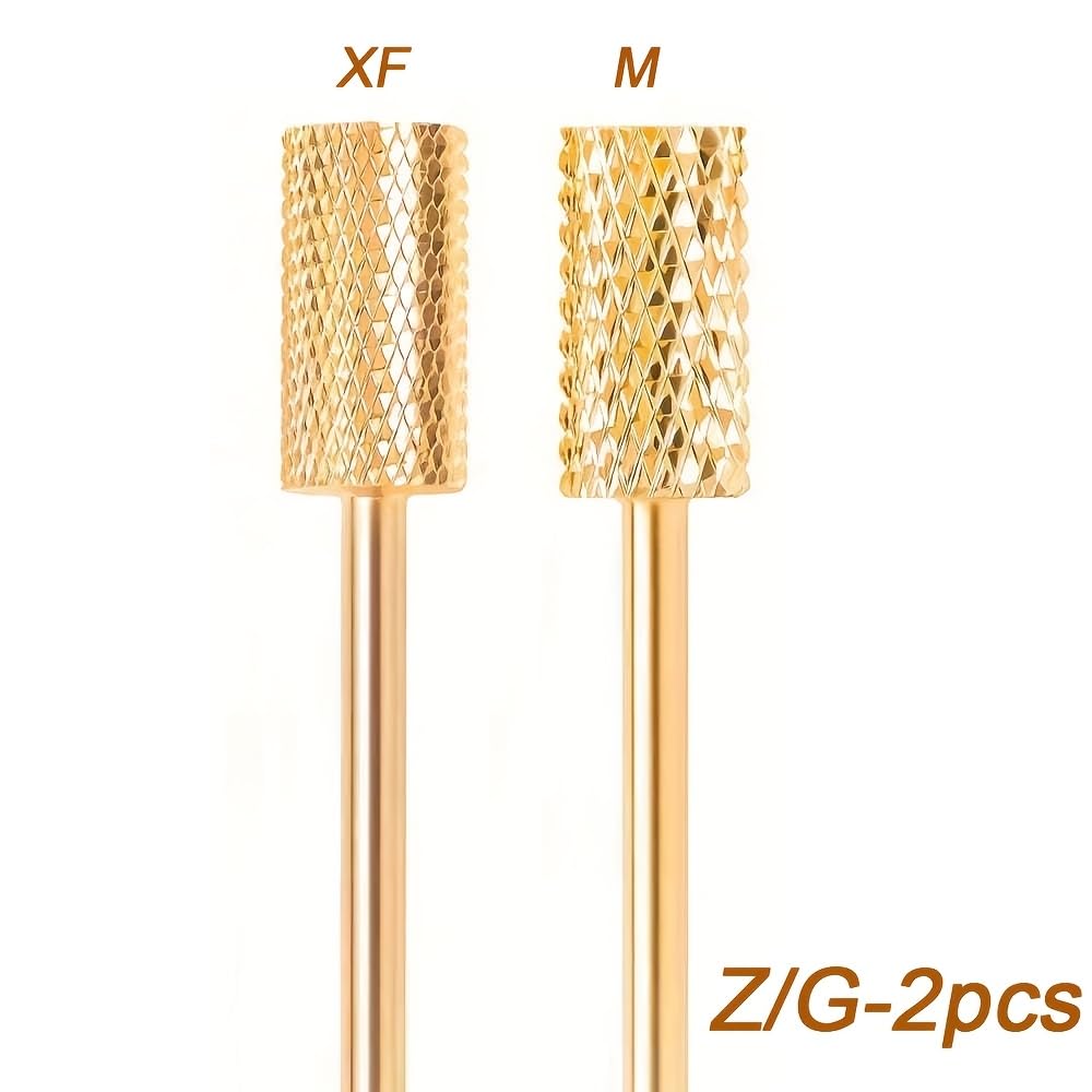 2PCS 2 Pieces Gold Plated Nail Grinding Heads with Medium Grit, Smooth Round Cylinder Shape, Tungsten Steel for Polish Removal