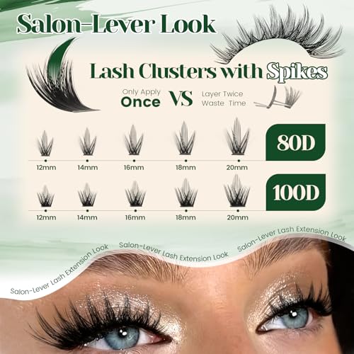 KEYYOU 80D 100D Spiky Manga Lash Clusters Kit - Fluffy DIY Eyelash Extensions with Bond & Seal