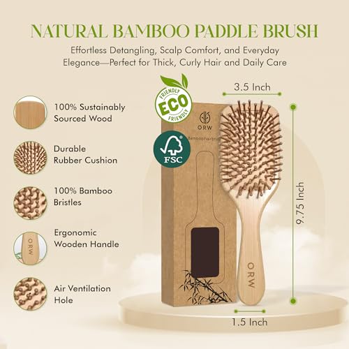 ORW Bamboo Hair Brush, Detangling Bristle Brush for Growth, Large