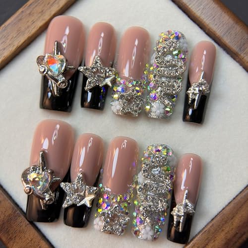 Luxury Long Square Press-On Nails with Black French Tips - Style 10
