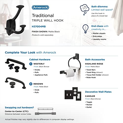 Amerock Matte Black Triple Prong Wall Hook for Coats & Bags