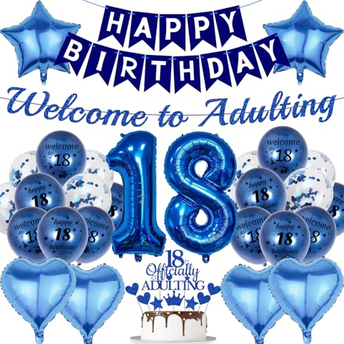 Blue Happy 18th Birthday Decorations Kit - 31 Pcs Balloons & Banner
