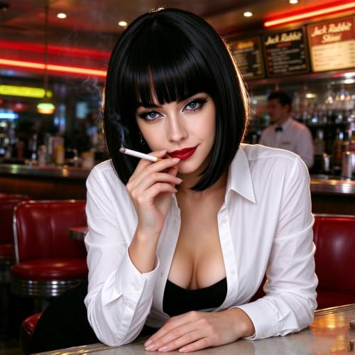 Black 12 Inch Synthetic Bob Wig with Bangs for Women - Nereyda