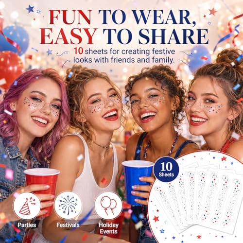 Patriotic Face Stickers - 10 Pcs Red White Blue Star Tattoos for Women