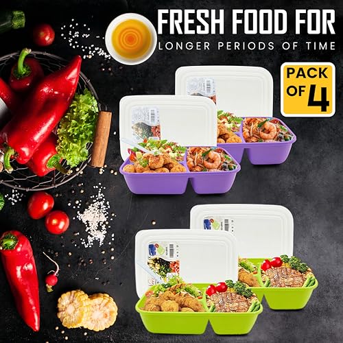 Neez 3-Compartment Lunch Containers - 48oz Bento Box Set for Adults
