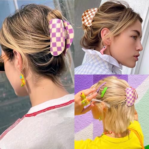 SINIDE Checkered Hair Claw Clips 4 Pack - Multicolor Acrylic Semicircle Barrettes for Women (Pattern C)
