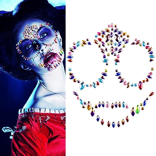 Doneace Style3 Blue Halloween Skeleton Face Gems & Rhinestone Tattoos - Reusable Face Stickers