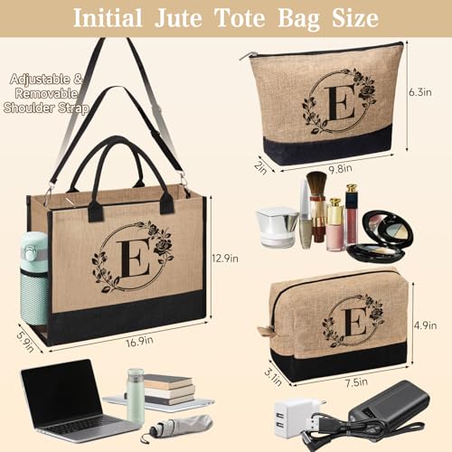 Monogrammed Initial Jute Tote Bag E - Personalized Beach Bag for Women