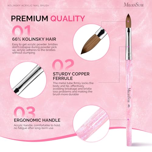 MelodySusie Size 6 Kolinsky Acrylic Nail Brush - Professional Pink Glitter