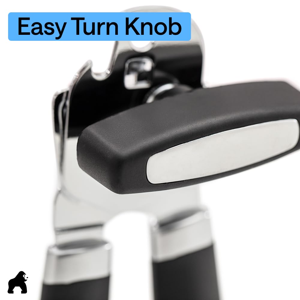 GORILLA GRIP Heavy Duty Stainless Steel Smooth Edge Manual Can Opener and Bottle Openers, US Designed, Comfortable Handle, Oversized Handheld Turn Knob, Multifunctional Kitchen Tool, Black