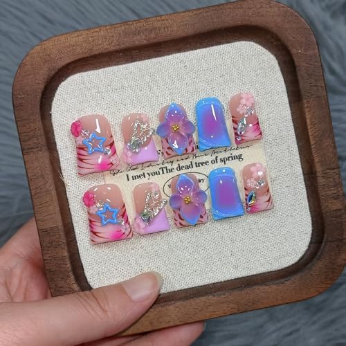 Duckbill Press on Nails Set - Blue Leopard with Rhinestones & Bow (S)