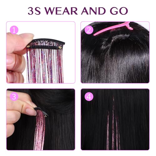 Pink Sparkle Clip-In Hair Tinsel Extensions 24 Inch for Long Hair - 6pcs