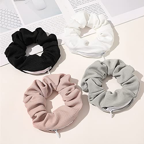 DINPREY Velvet Pocket Scrunchies with Hidden Zipper (4pcs, Stripe A) – Hair Ties + Stash Ponytail Holders