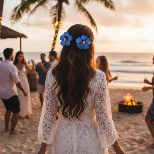 Blue Plumeria Hibiscus Flower Hair Clips - Set of 2