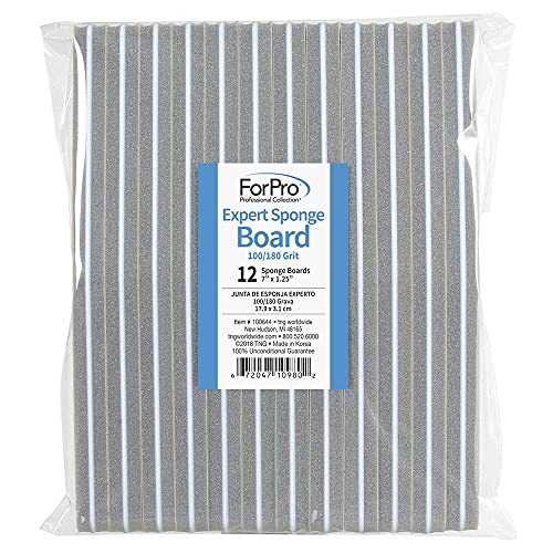 ForPro Professional Nail Sponge Boards 7” L x 1.25” W, 12-Count, Double-Sided Grit 100/180