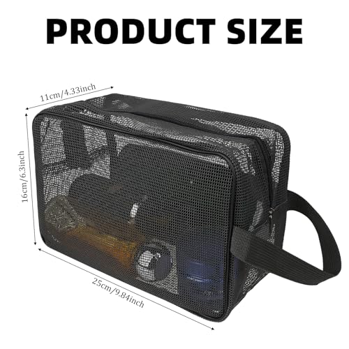 Cobee Portable Mesh Shower Bag with Zipper - Quick-Dry Toiletry Organizer 25x16cm (Black)