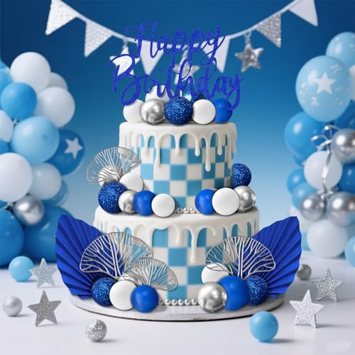 Blue and Gold Ball Cake Toppers - 24-Piece Boho Decoration Set