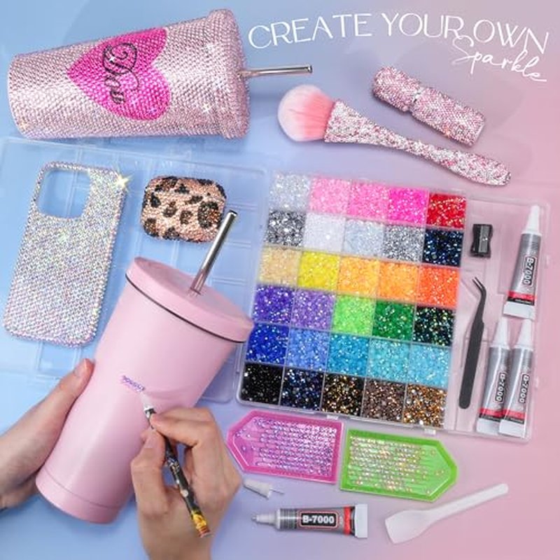 40000 Pcs Resin Jelly Rhinestones Kit, 30 Colors 3mm Flatback Rhinestones with 4 Pcs B7000 Jewelry Glue & Tools, All-in-One Bedazzling Kit for DIY Arts & Crafts Gifts