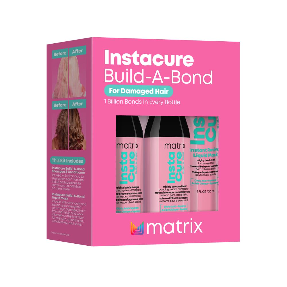 Matrix Instacure Build-A-Bond Mini Trial Kit for Damaged Hair - Shampoo, Conditioner, and Mask Set,Repairs & Strengthens Hair with 1 Billion Bonds Per Bottle, With Citric Acid & Squalane