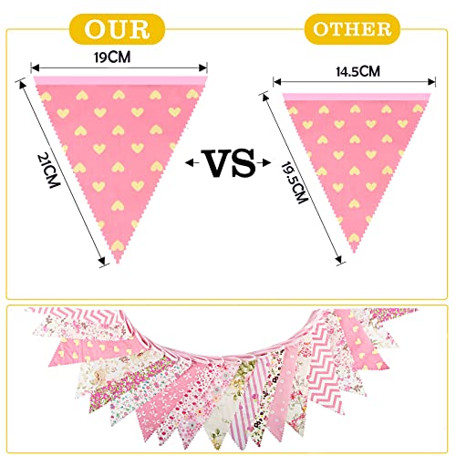 39ft Pink Floral Triangle Bunting Banner - Reusable Cotton Flags for Parties