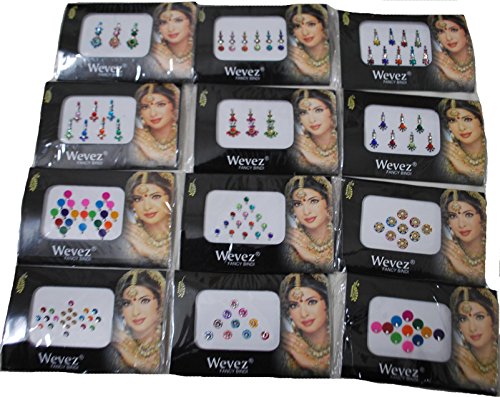 Wevez 12 Pack Self-Adhesive Bindi Stickers – Traditional Forehead Bindis for Festive Wear