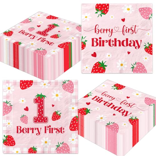 Strawberry 1st Birthday Napkins - 50 Pack Disposable Party Decor