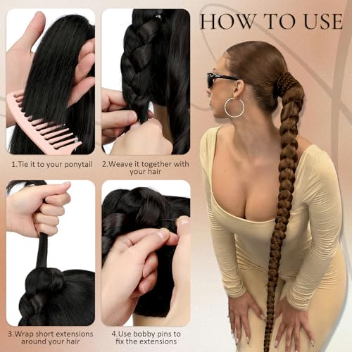 34 Inch Extra Long Brown Braided Ponytail Extension | Easy Attach Hairpiece