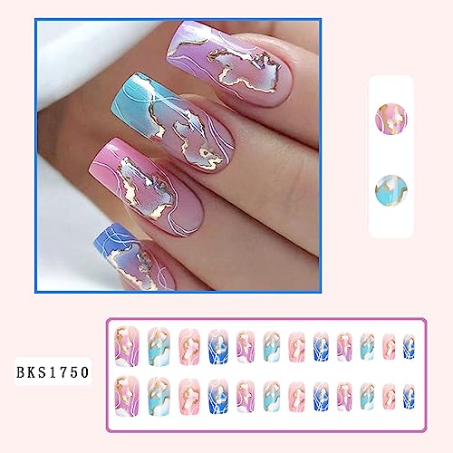 24Pcs Pink Gradient Press-On Nails Set - Medium Coffin with Gold Designs