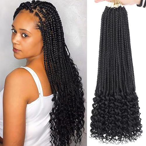 18 Inch Curly Ends Box Braids with Pre-Looped Crochet Hair - 8 Packs, 120 Strands, Goddess Style